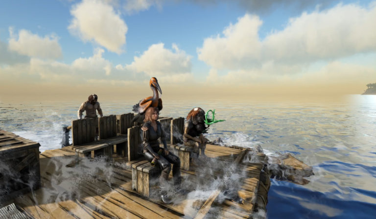 The crew and I ride on a raft back to our base. Sheila, my newly tamed bird, perches on my shoulder.